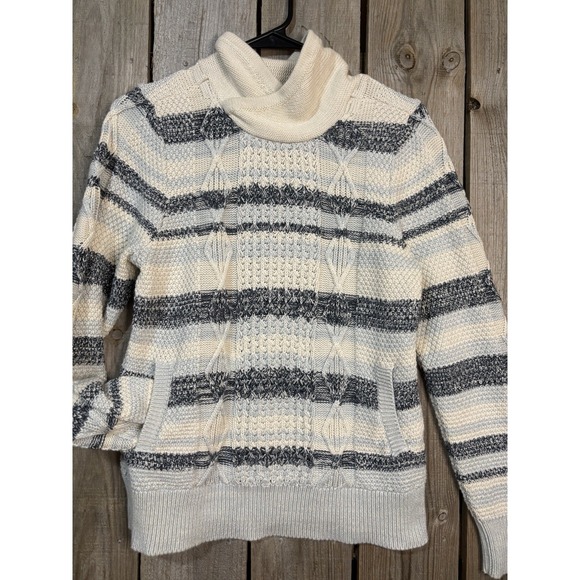 Cream Sweaters - Old Ranch Cowl Neck Womens Sweater Medium Organic Cotton Blend Cream Gray Stripe